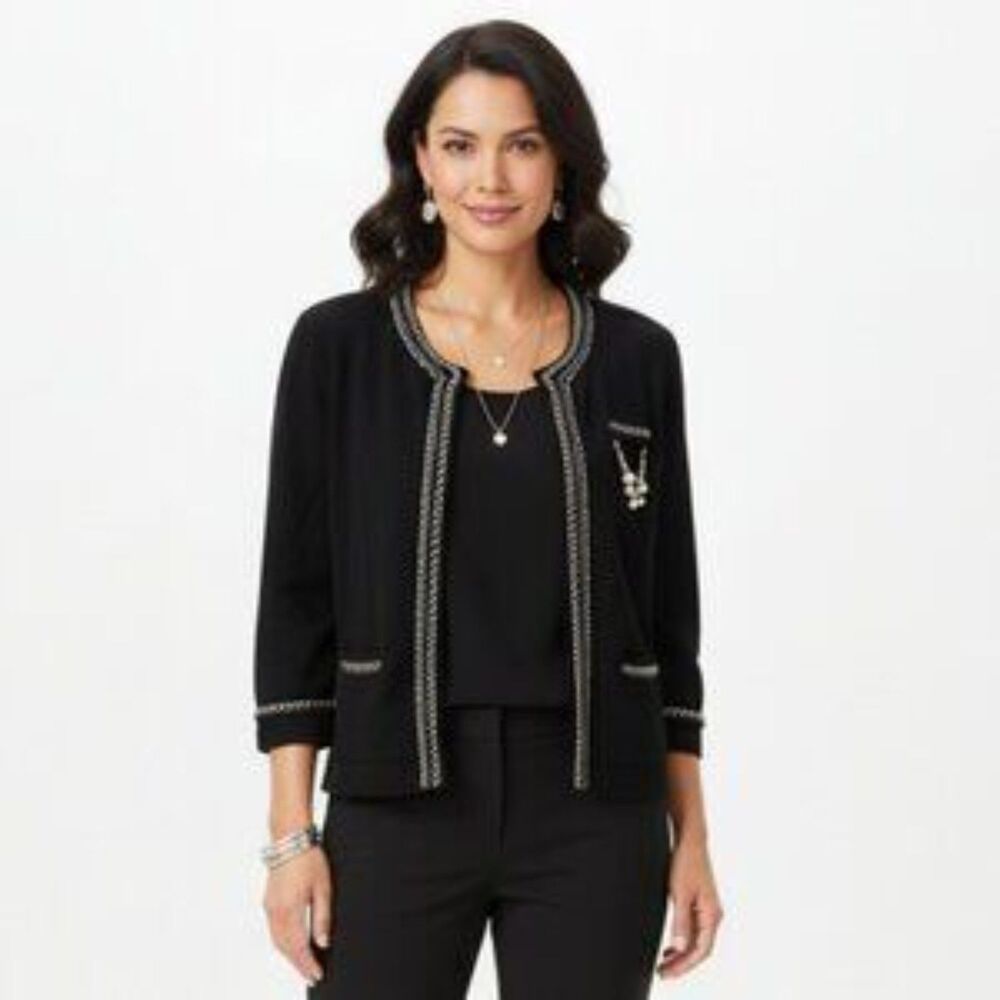 Black Chain Embellished Half Sleeve Cardigan Sweater From WHBM L